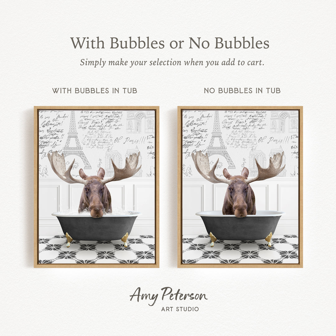 The image is a collage of two framed pictures, each featuring a moose in a bathtub. The moose in the bathtub has large antlers, and the other moose in the bathtub does not have antlers. The collage is titled "With Bubbles or No Bubbles" and is created by Amy Peterson from Art Studio.