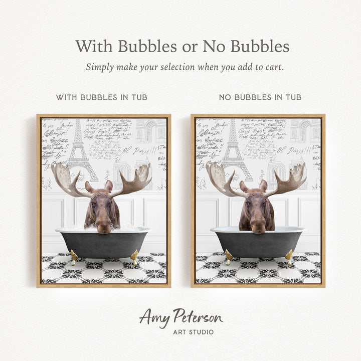 The image is a collage of two framed pictures, each featuring a moose in a bathtub. The moose in the bathtub has large antlers, and the other moose in the bathtub does not have antlers. The collage is titled "With Bubbles or No Bubbles" and is created by Amy Peterson from Art Studio.