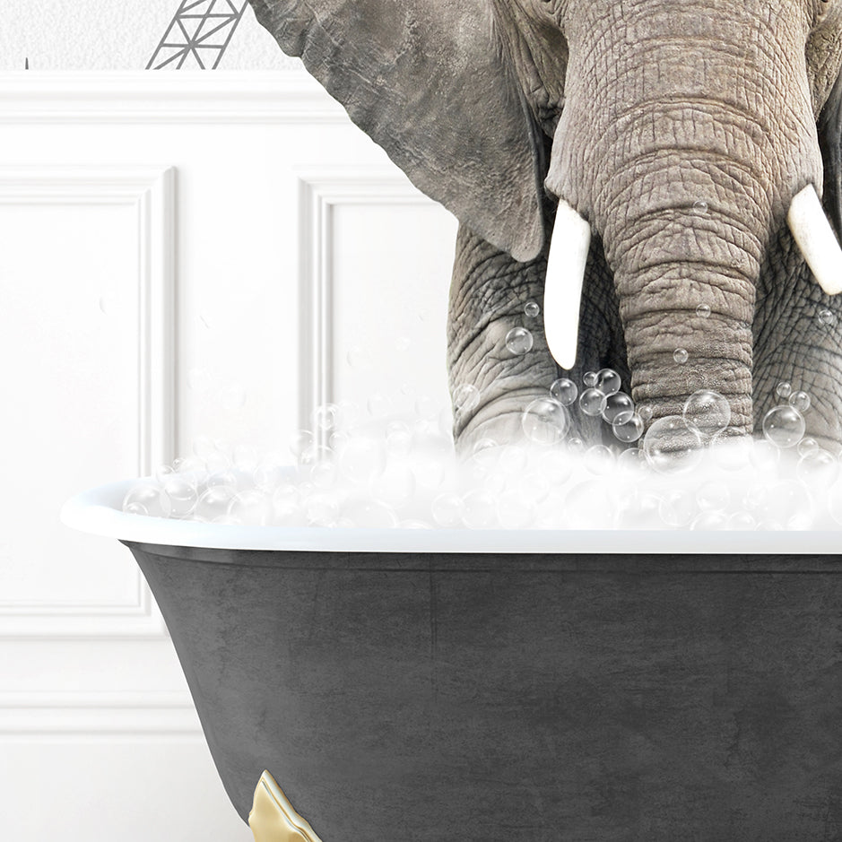 an elephant is taking a bath in a bathtub