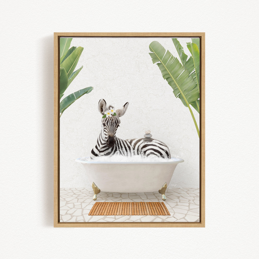 A zebra is sitting in a white bathtub, surrounded by green leaves, creating a whimsical and playful scene.