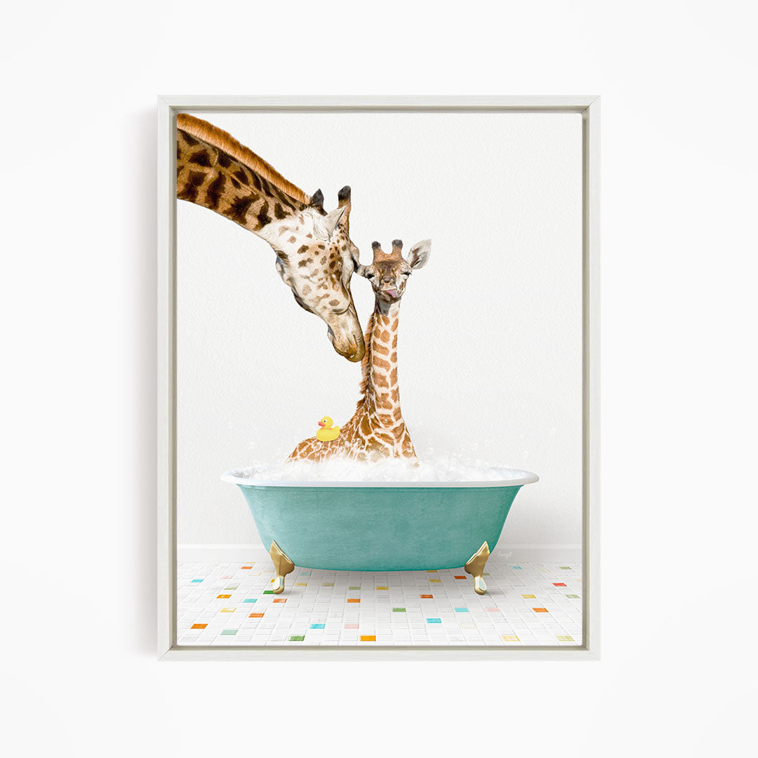 A mother giraffe and her baby giraffe are enjoying a bath together in a blue tub, surrounded by colorful tiles on the floor.