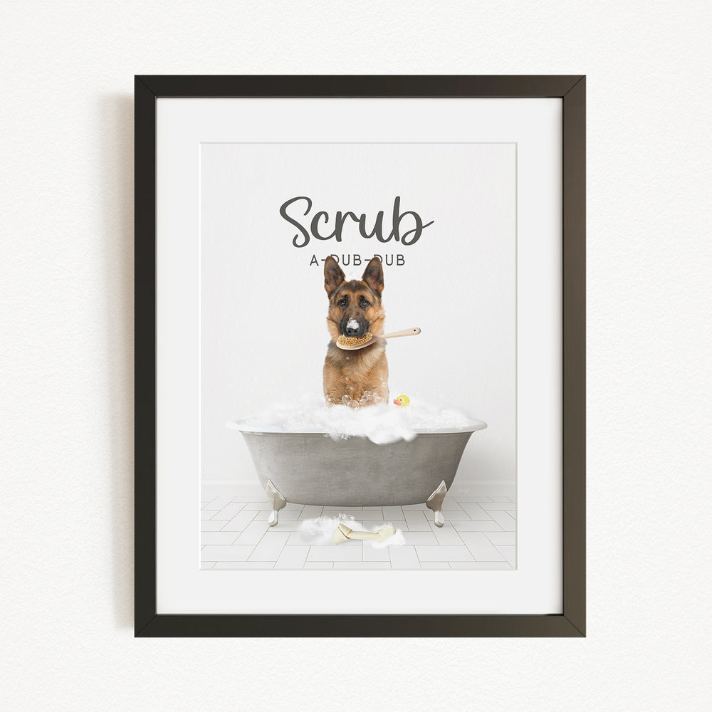 A German Shepherd dog sitting in a bathtub filled with bubbles, with the text "Scrub" above the dog.