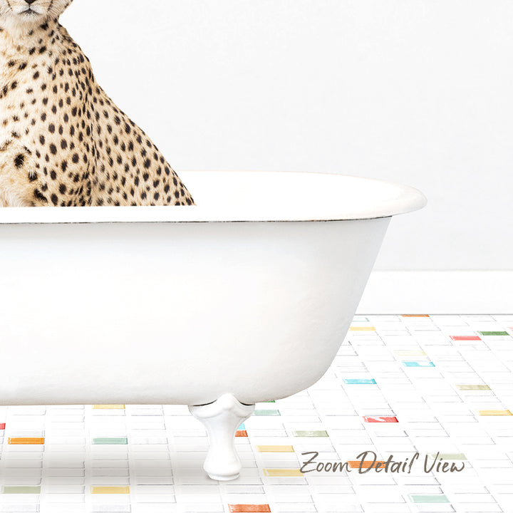A leopard sitting in a white bathtub, with a colorful tiled floor in the background.