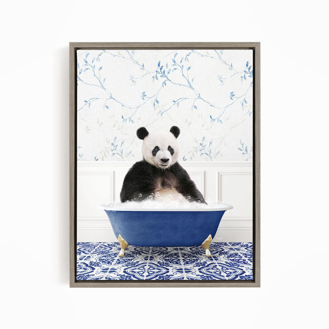 A panda bear sitting in a blue bathtub, surrounded by a blue and white patterned floor.