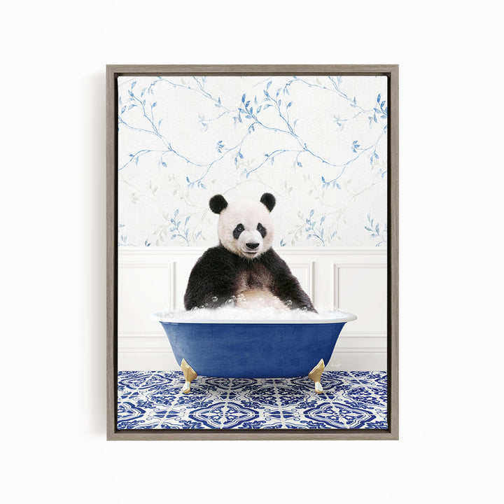 A panda bear sitting in a blue bathtub, surrounded by a blue and white patterned floor.