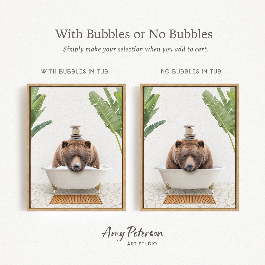 a bear sitting in a bathtub, with a towel on its head. The bear is surrounded by a tropical plant, creating a whimsical and playful scene.