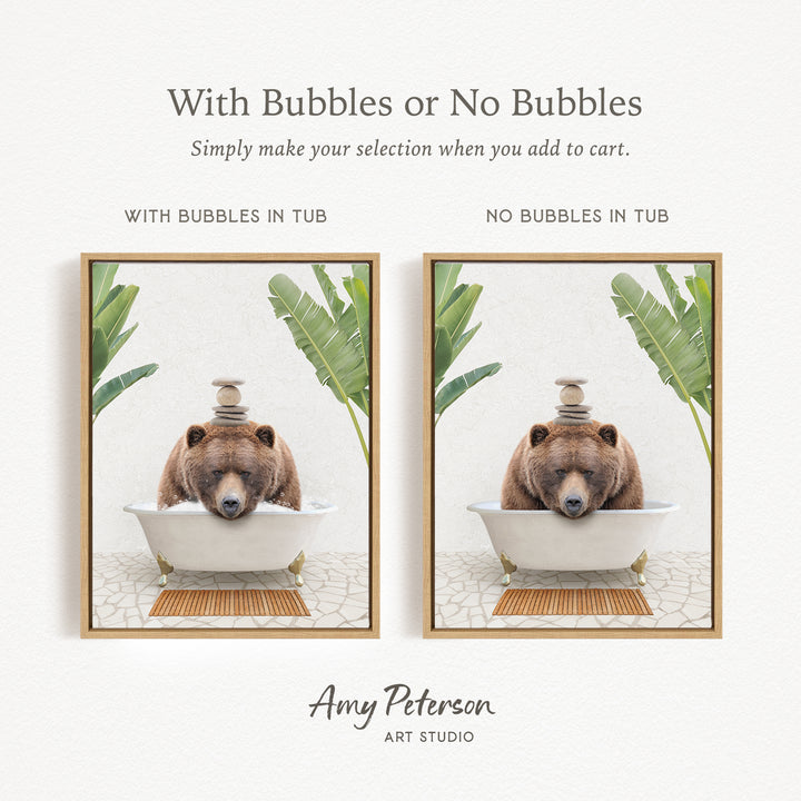 a bear sitting in a bathtub, with a towel on its head. The bear is surrounded by a tropical plant, creating a whimsical and playful scene.