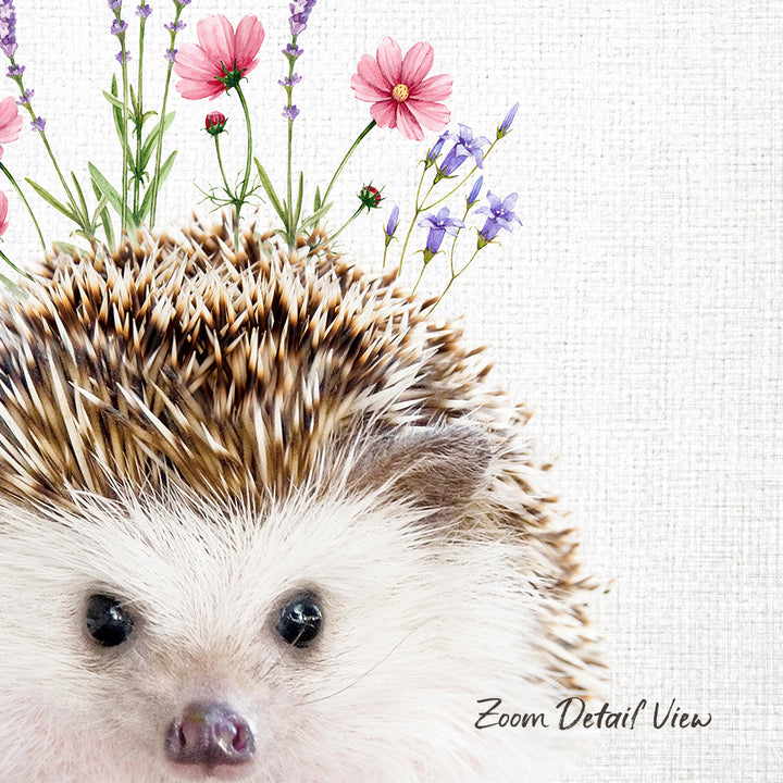 A close-up of a hedgehog's face with its eyes and nose visible, surrounded by pink flowers and purple flowers.