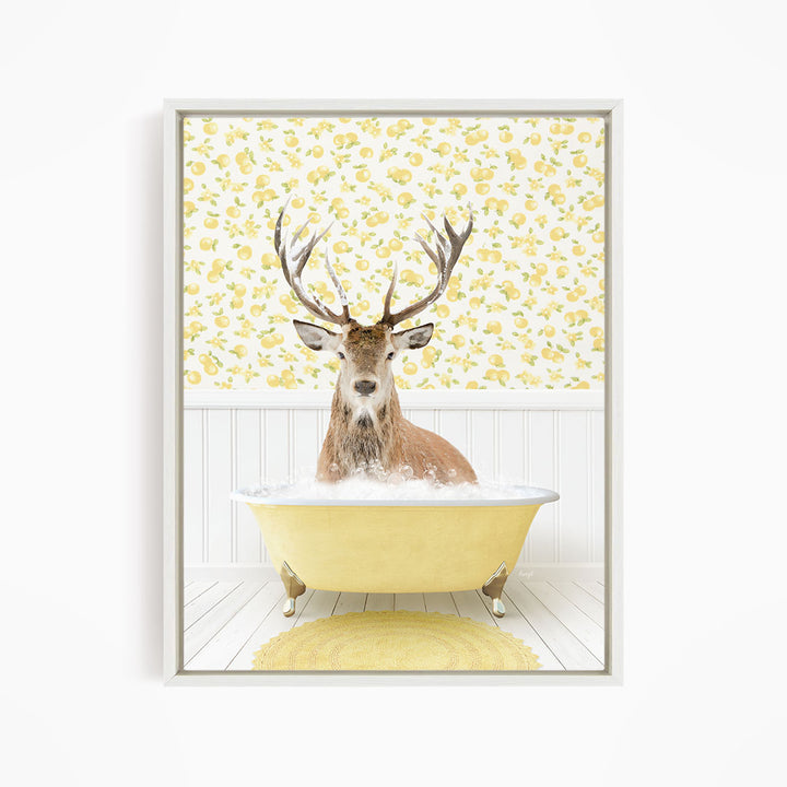 A deer with antlers is sitting in a yellow bathtub filled with water, surrounded by a yellow floral wallpaper.