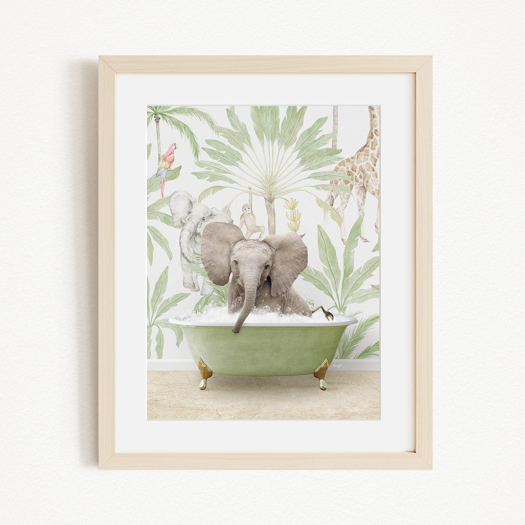 A framed image depicting an elephant sitting in a green bathtub, surrounded by various animals and plants, creating a whimsical and playful scene.