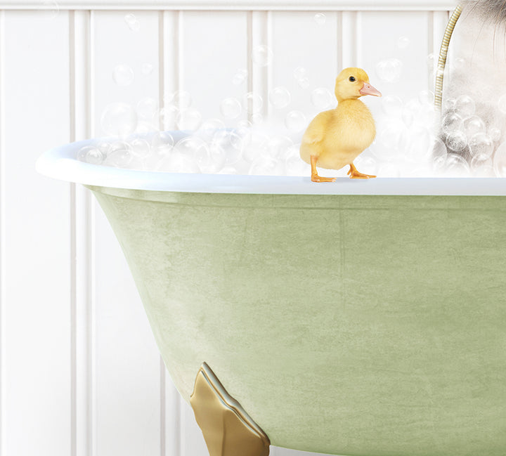 a rubber duck in a bathtub filled with bubbles