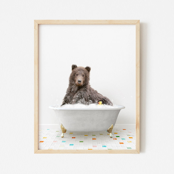 a brown bear sitting in a bath tub