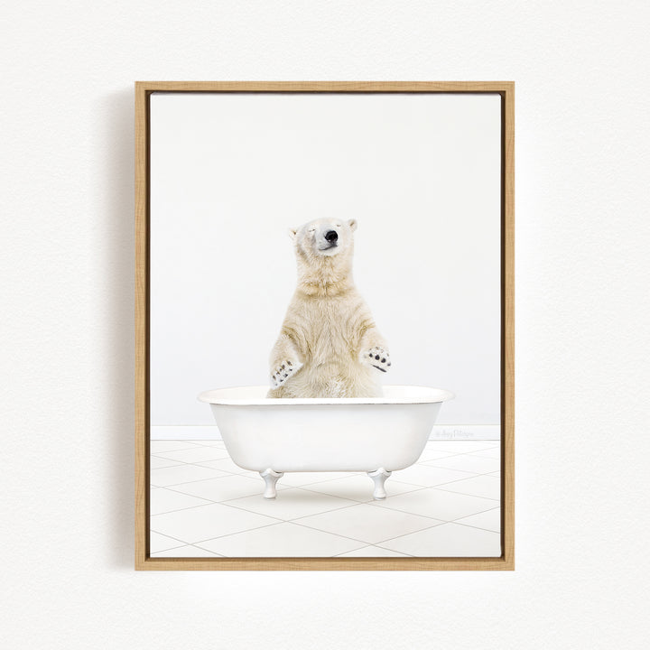 A polar bear standing in a white bathtub, with its paws hanging out of the tub.