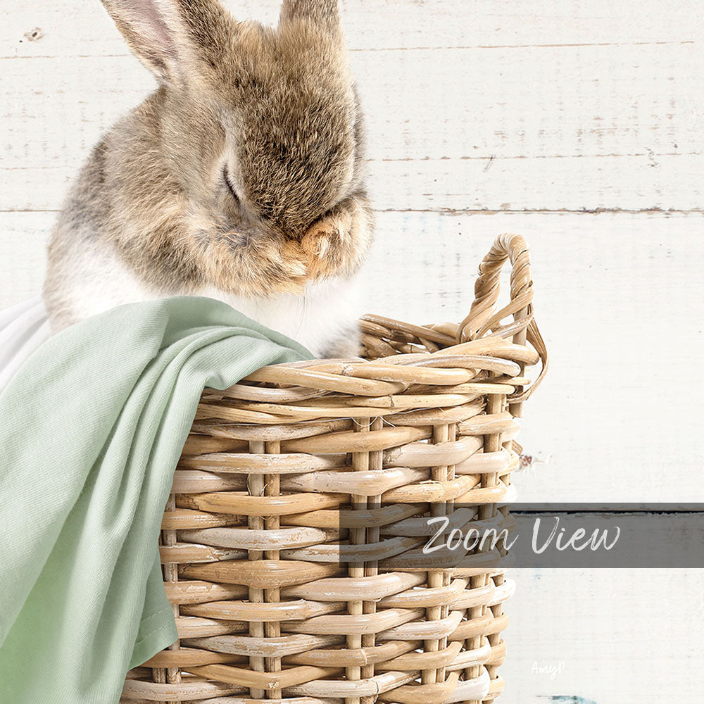 A fluffy brown and white rabbit is nestled in a woven basket, with a green blanket draped over it.