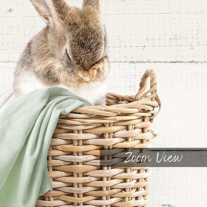 A fluffy brown and white rabbit is nestled in a woven basket, with a green blanket draped over it.