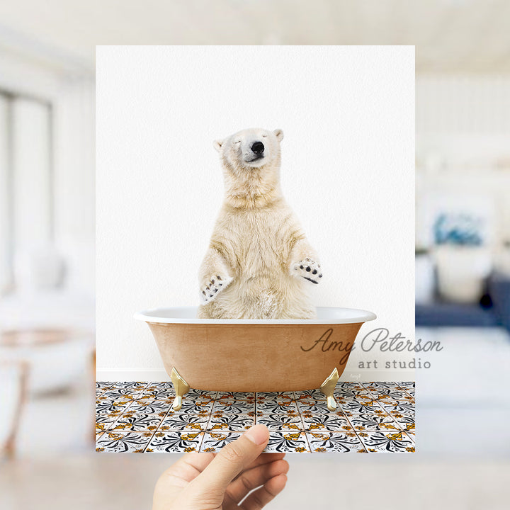 a polar bear sitting in a bath tub