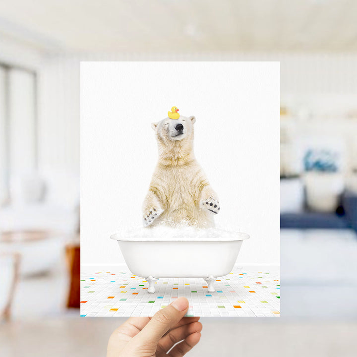 A polar bear sitting in a bathtub filled with bubbles, with a rubber duck floating on its head.