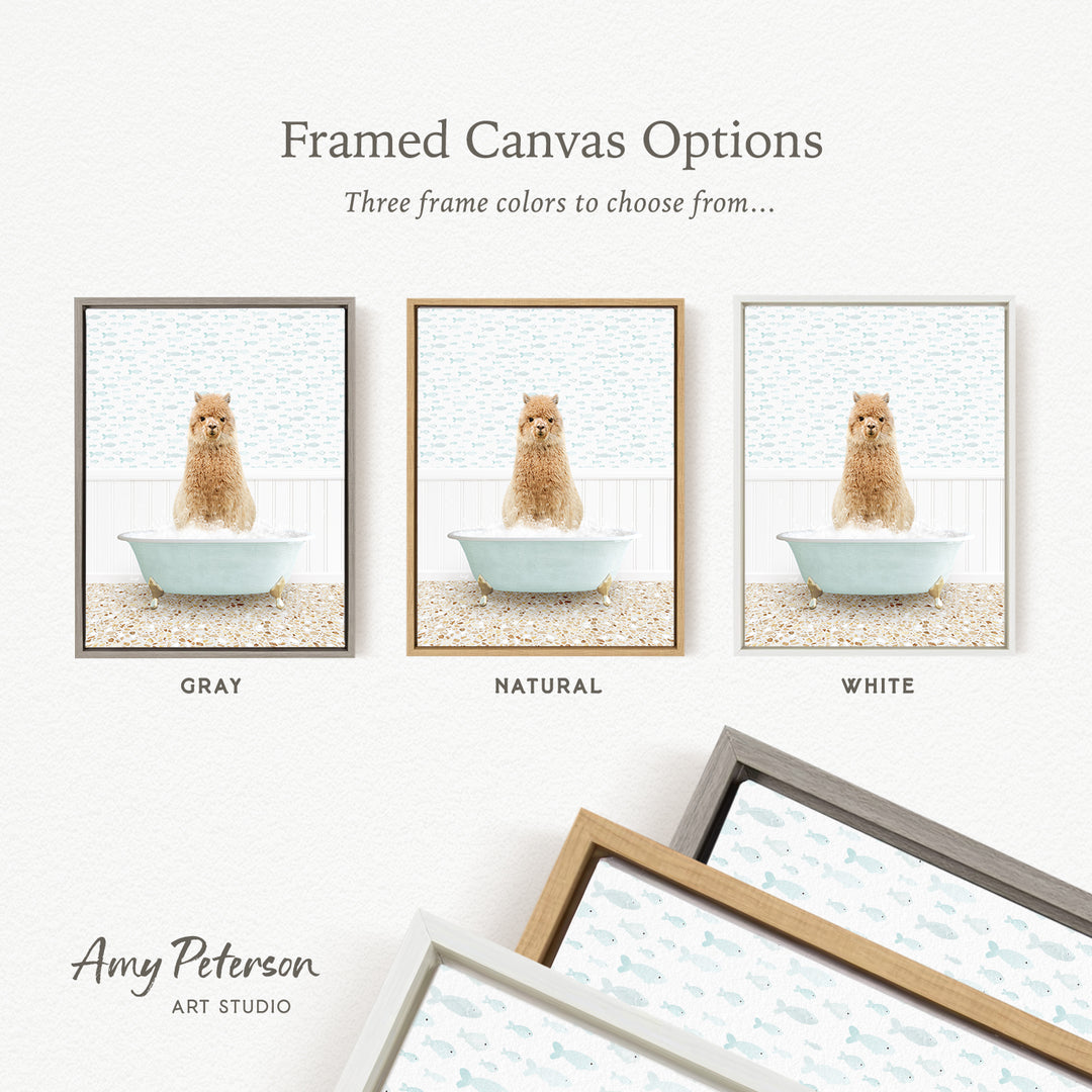 The image is a framed canvas option showcasing three different framed pictures of a dog sitting in a bathtub. The options include a gray frame, a natural frame, and a white frame.