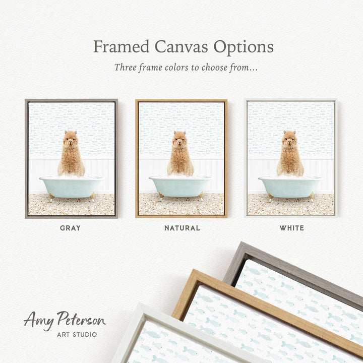 The image is a framed canvas option showcasing three different framed pictures of a dog sitting in a bathtub. The options include a gray frame, a natural frame, and a white frame.
