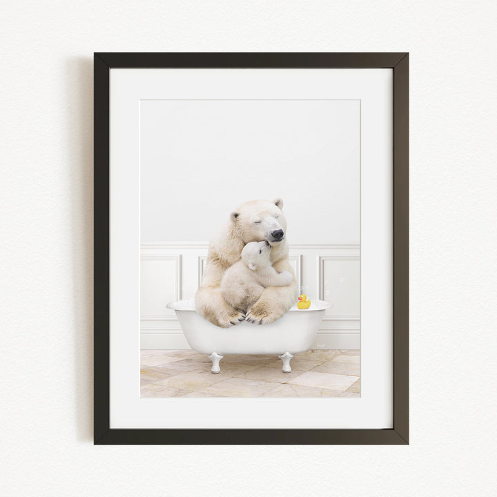 A mother polar bear and her cub cuddling in a bathtub, with a yellow rubber duck floating in the water.