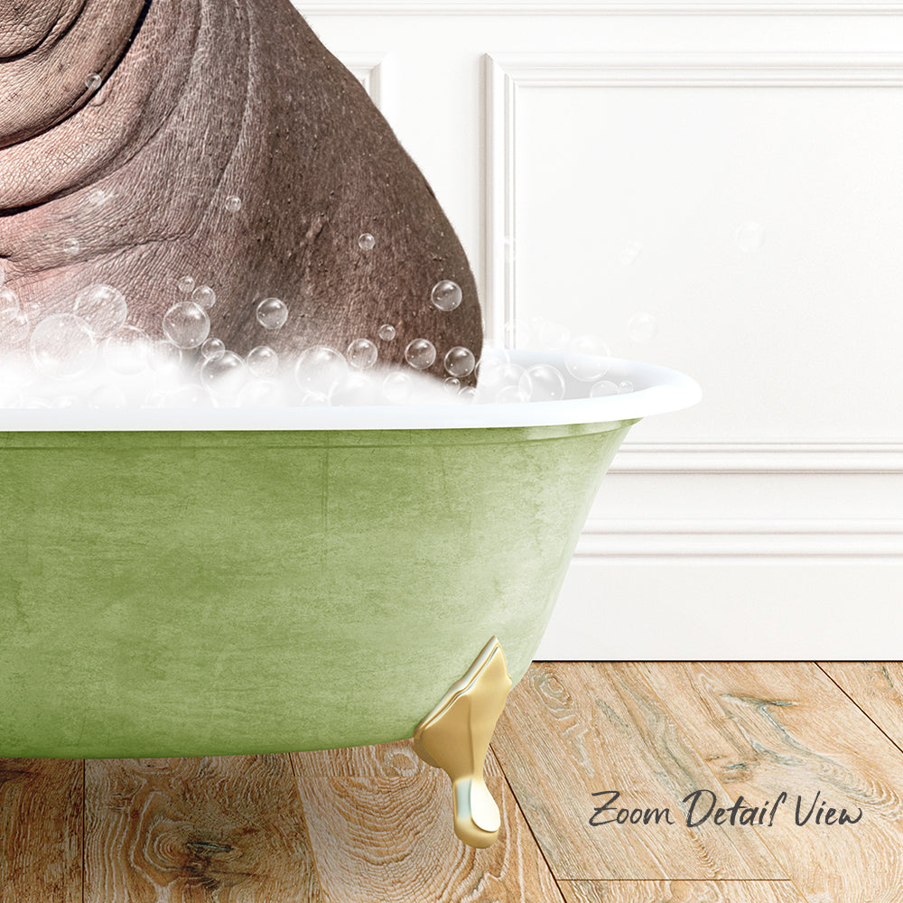 A green bathtub filled with bubbles, with a brown object partially submerged in the water.