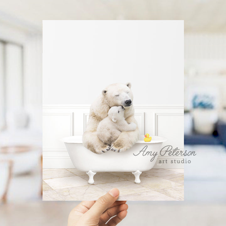 a person holding a polar bear in a bathtub