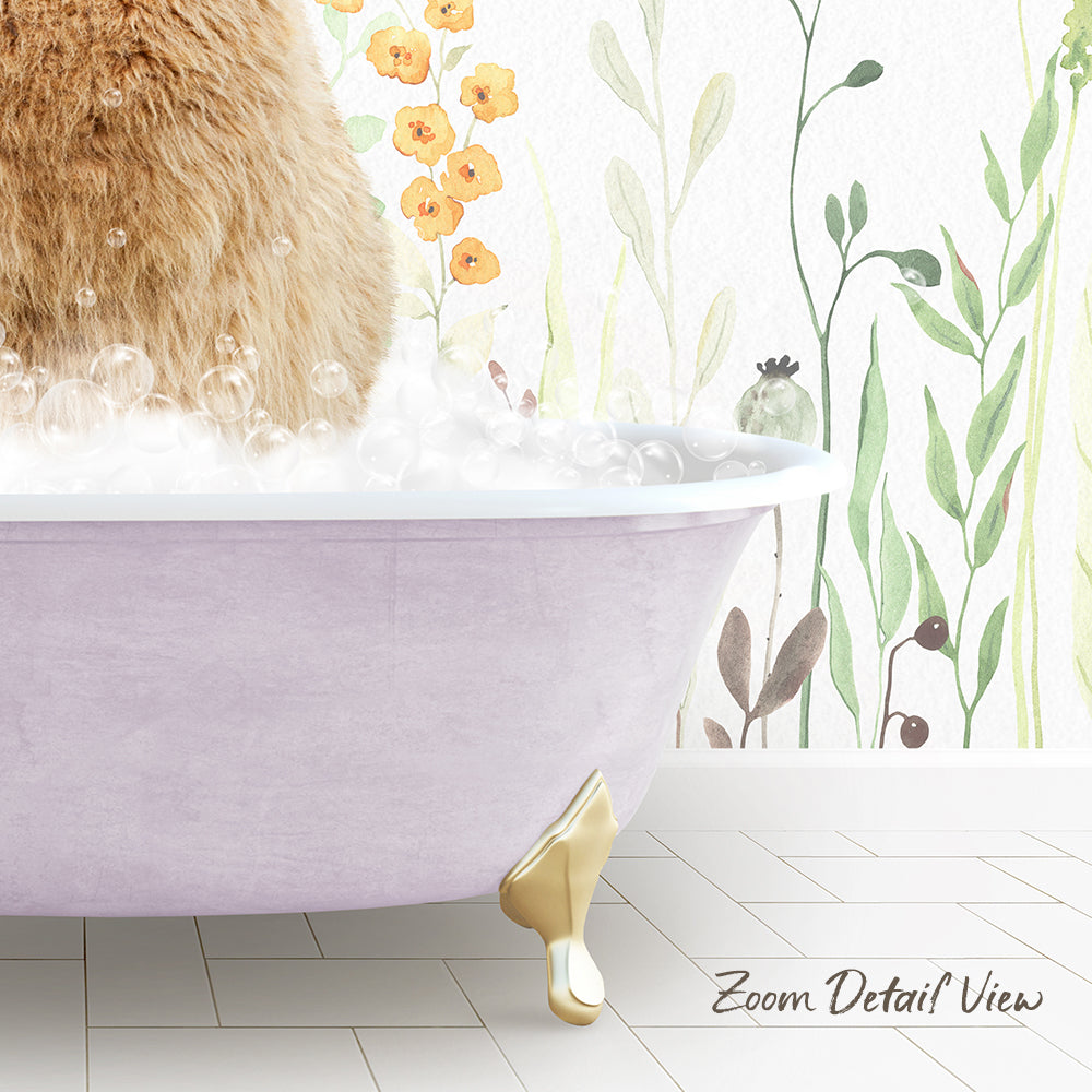 A fluffy brown cat is sitting in a pink bathtub filled with bubbles, surrounded by a floral wallpaper.