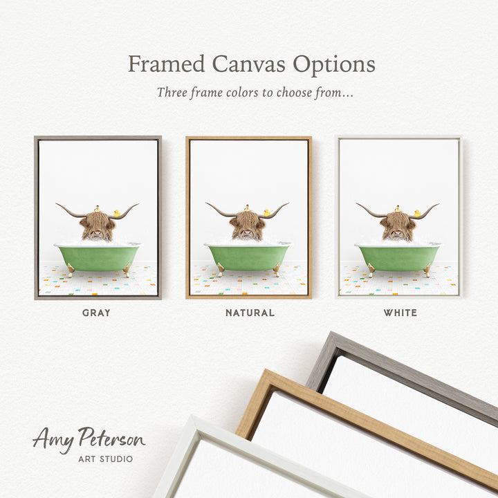 three framed canvas options featuring a bull with horns in a bathtub, each with a different frame color: gray, natural, and white.