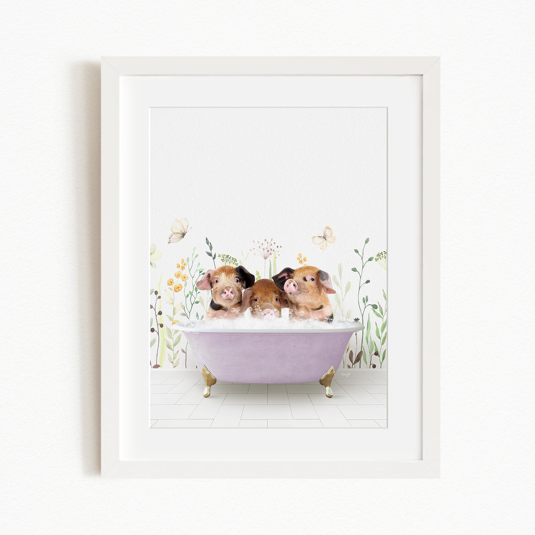 Three adorable pigs sitting in a purple bathtub, surrounded by flowers and butterflies.