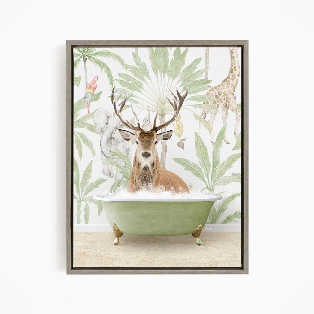 A deer with antlers is sitting in a green bathtub, surrounded by tropical foliage and animals, including a giraffe and a parrot.