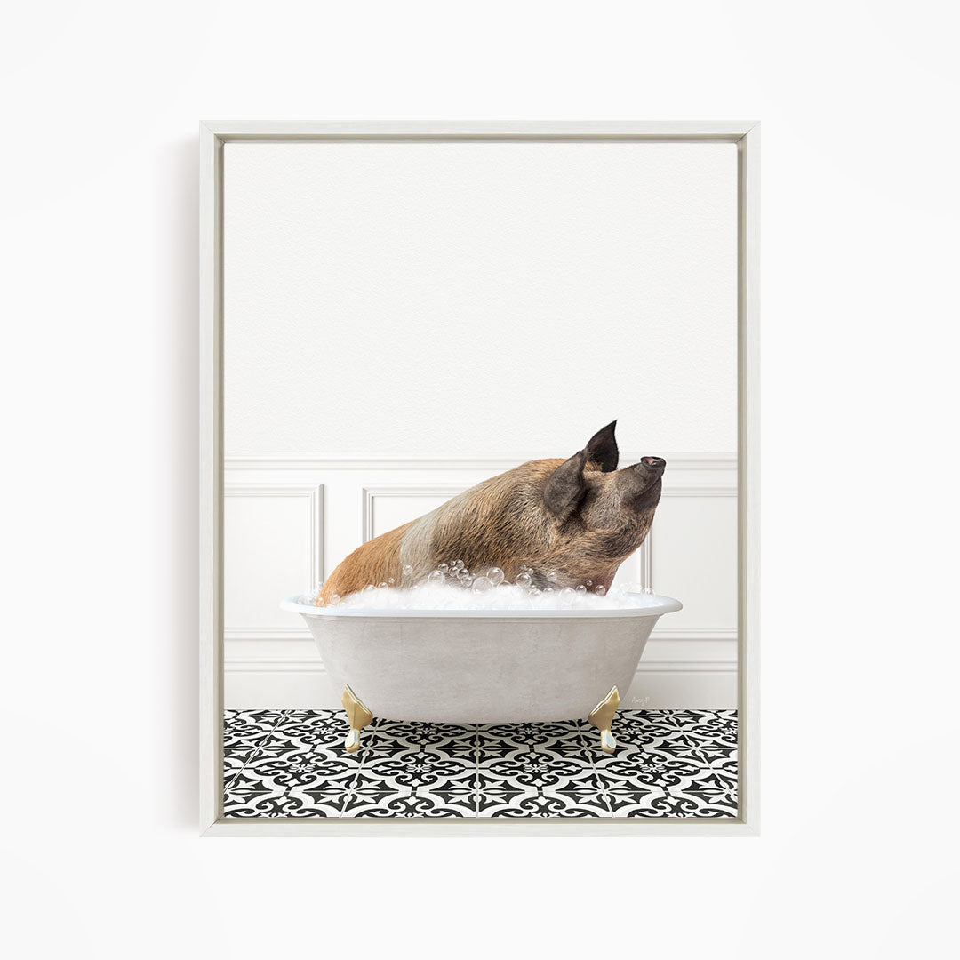 A pig is sitting in a white bathtub filled with water, surrounded by a black and white patterned floor.