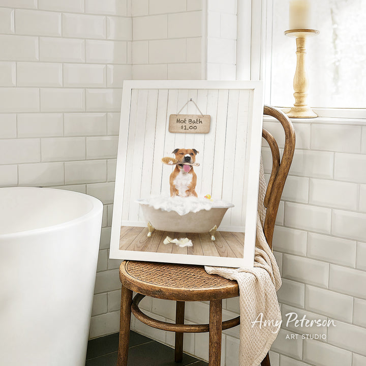 A framed image of a dog sitting in a bathtub, with a sign above it that says "Hot Bath $1.00".