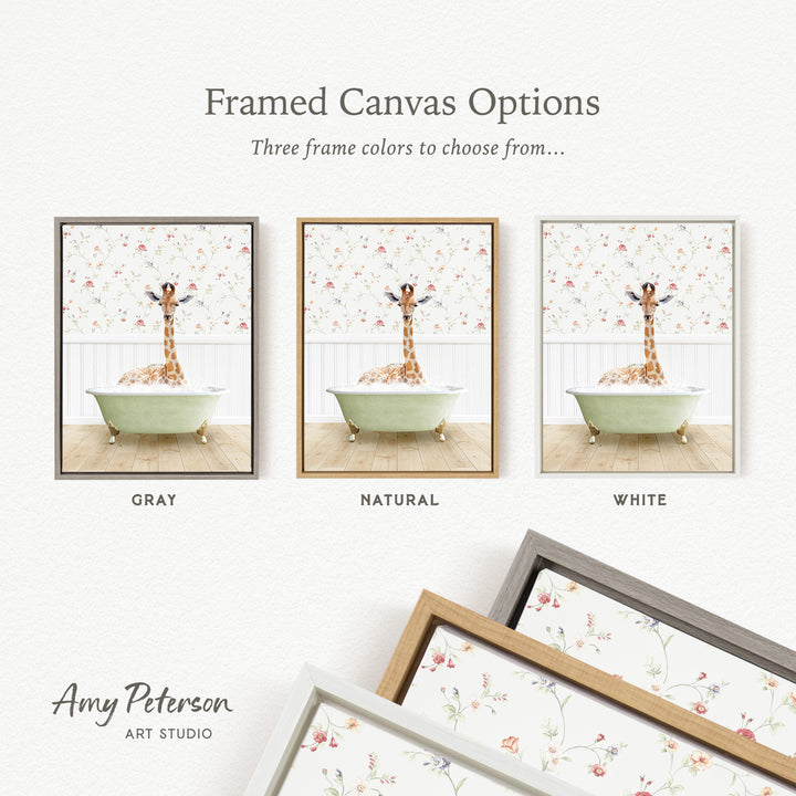 The image is a framed canvas option featuring three different framed pictures of a giraffe in a bathtub, each with a different frame color: gray, natural, and white.