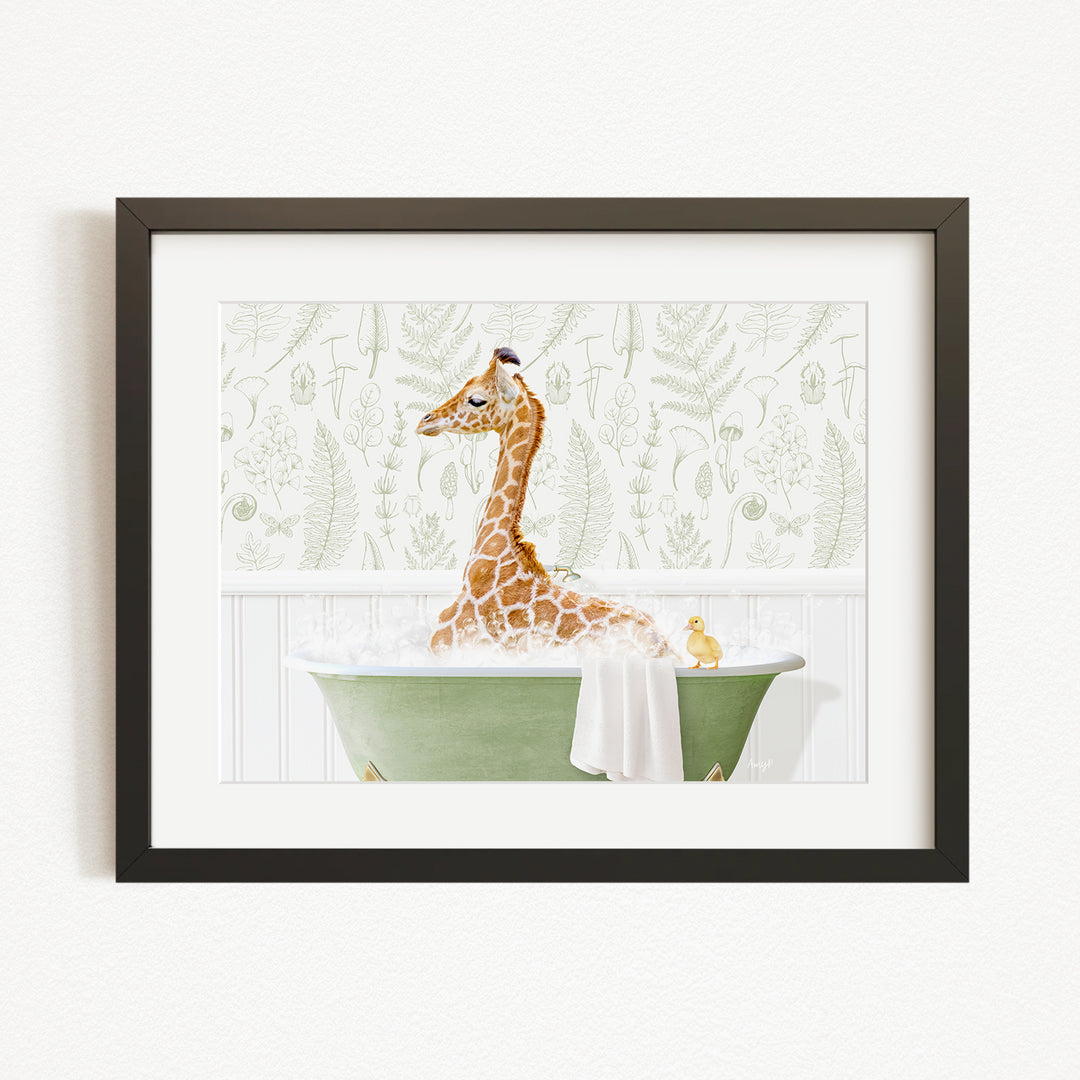A giraffe sitting in a green bathtub, surrounded by a yellow duck, against a backdrop of green ferns and leaves.