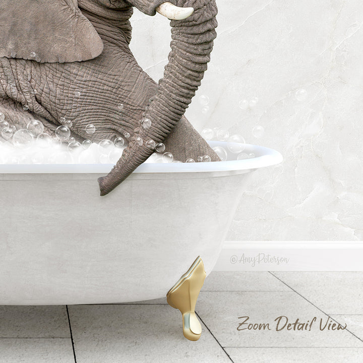 A large elephant is sitting in a white bathtub filled with bubbles, creating a whimsical and playful scene.