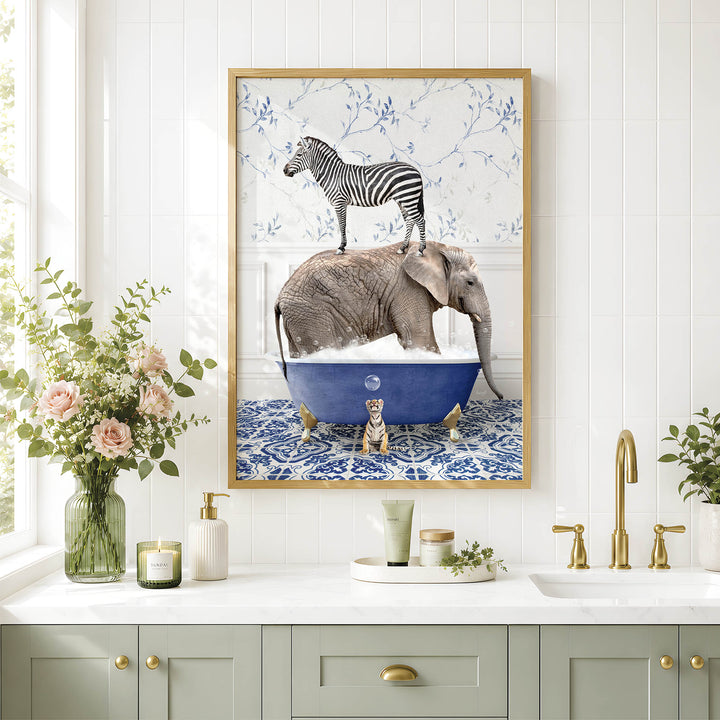 a framed picture of a zebra standing on an elephant's back in a bathtub, surrounded by a floral pattern.