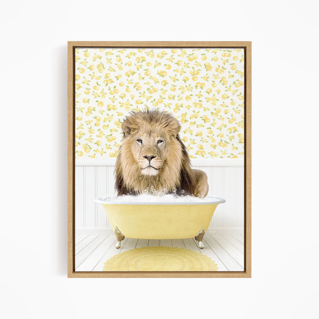 A lion sitting in a yellow bathtub filled with water, surrounded by a yellow floral pattern on the wall behind it.