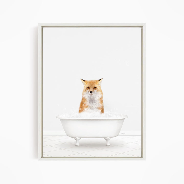A red fox sitting in a white bathtub filled with water.