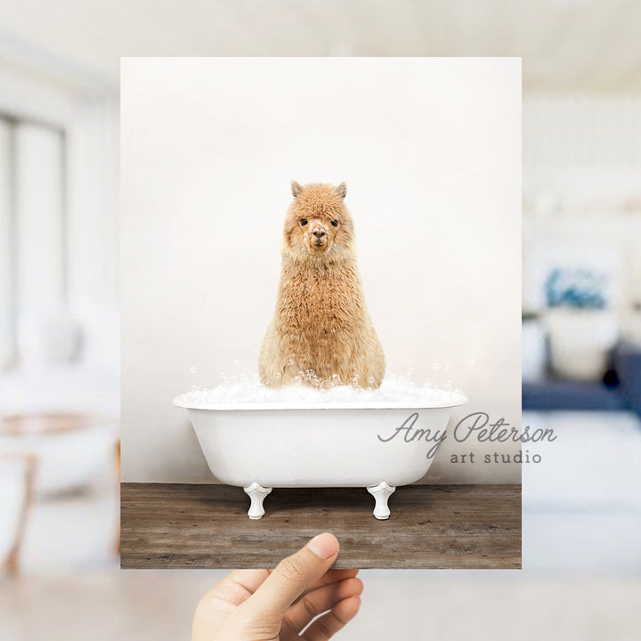 a hand holding a photo of a dog in a bathtub