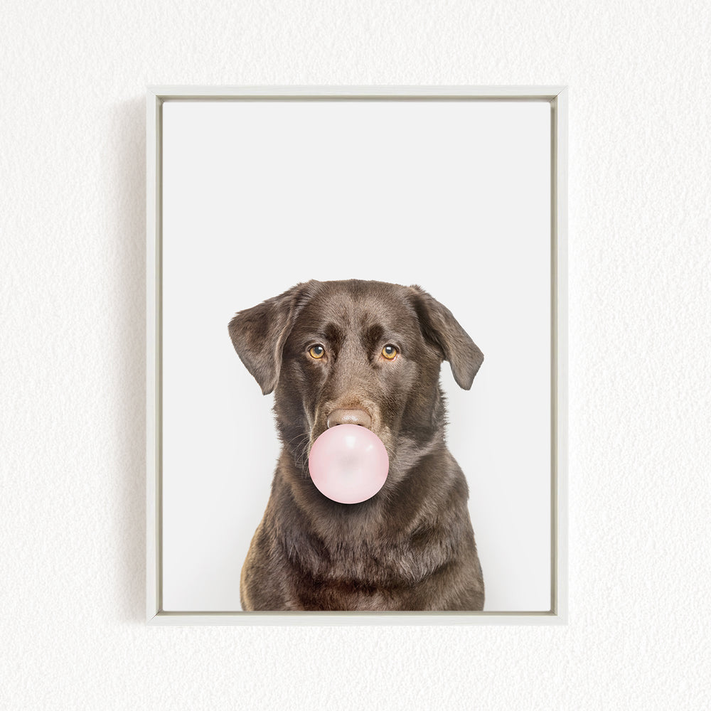 A brown dog is blowing a bubble with a pink bubble gum bubble.