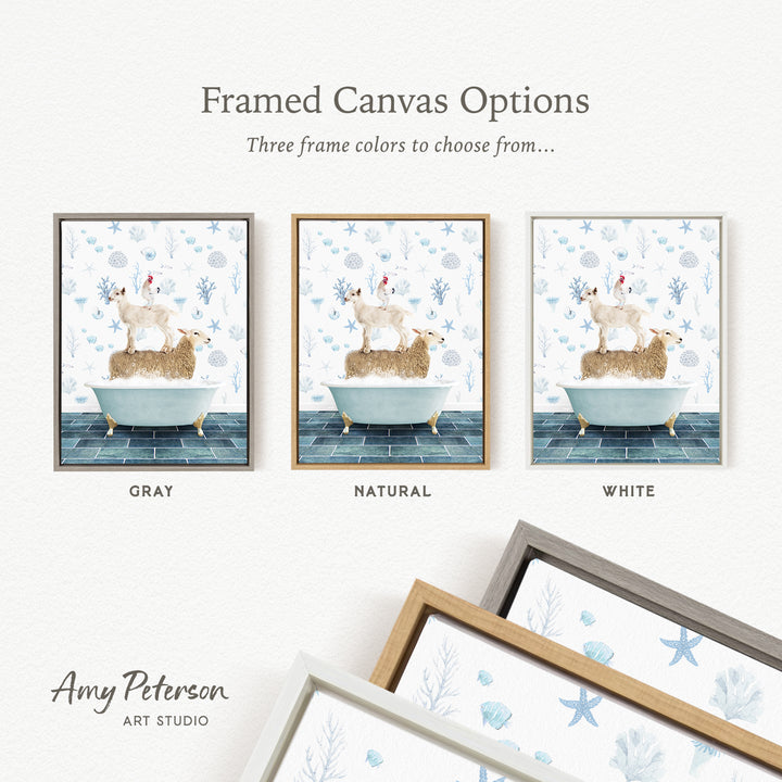three framed canvas options, each featuring a different color and frame style. The options include a gray frame, a natural frame, and a white frame. The text above the options reads " Framed Canvas Options Three frame colors to choose from...".
