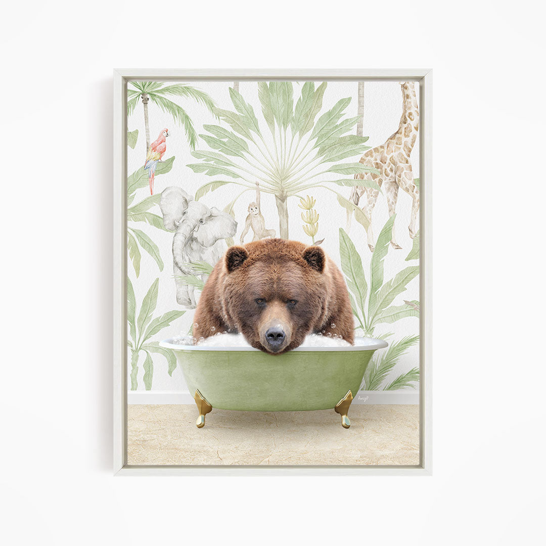 A brown bear is sitting in a green bathtub, surrounded by tropical foliage and animals, including a giraffe and a parrot.