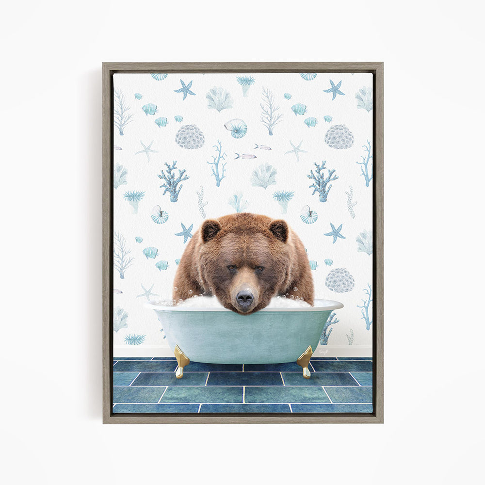 A brown bear is sitting in a blue bathtub, surrounded by a pattern of seashells, starfish, and other marine life.