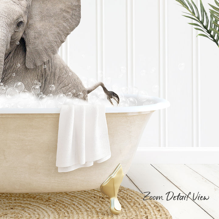 A large elephant is sitting in a bathtub filled with bubbles, surrounded by a towel and a plant.