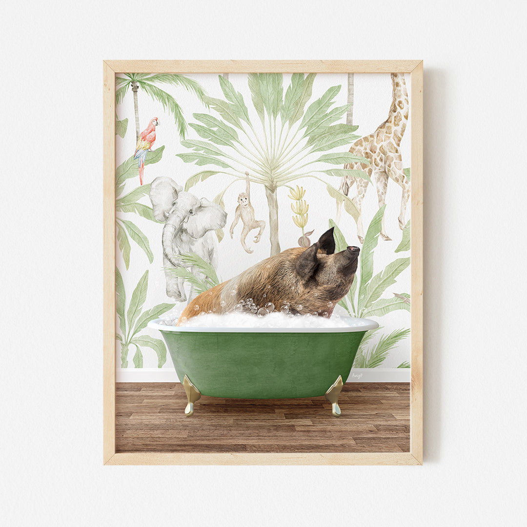 a dog taking a bath in a green bathtub