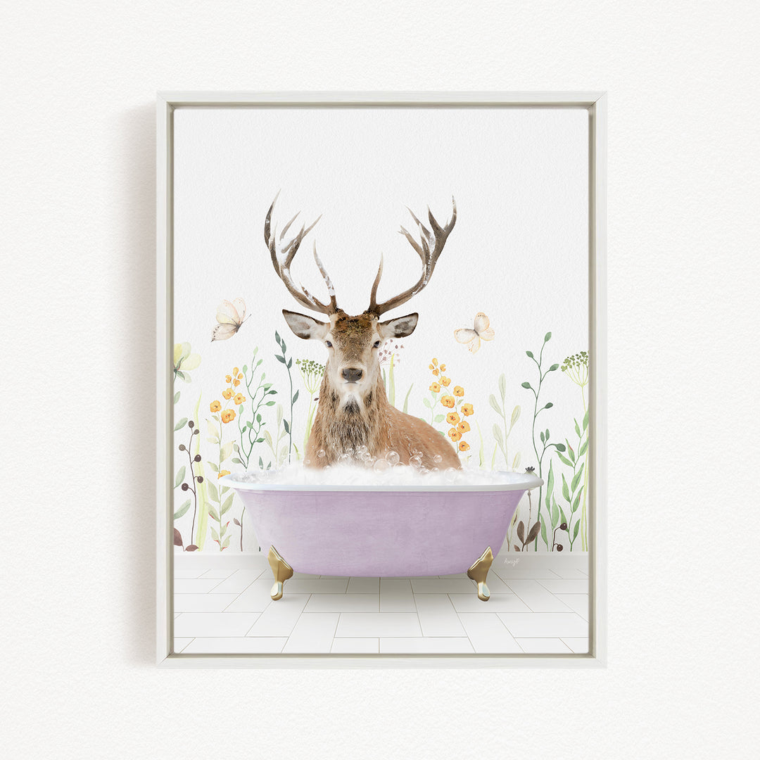 A deer with antlers is sitting in a purple bathtub, surrounded by flowers and butterflies, creating a whimsical and nature-inspired scene.