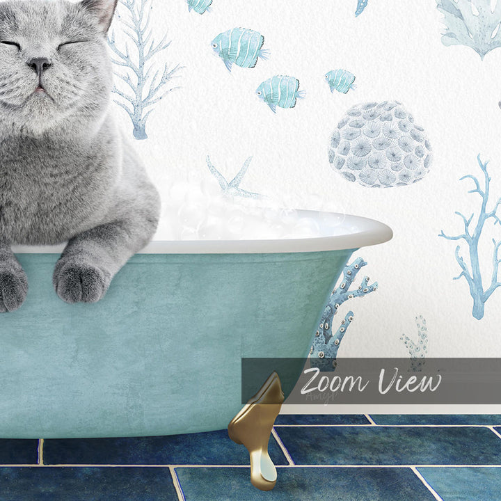 A gray cat sitting in a blue bathtub, surrounded by a wallpaper with fish and coral designs.