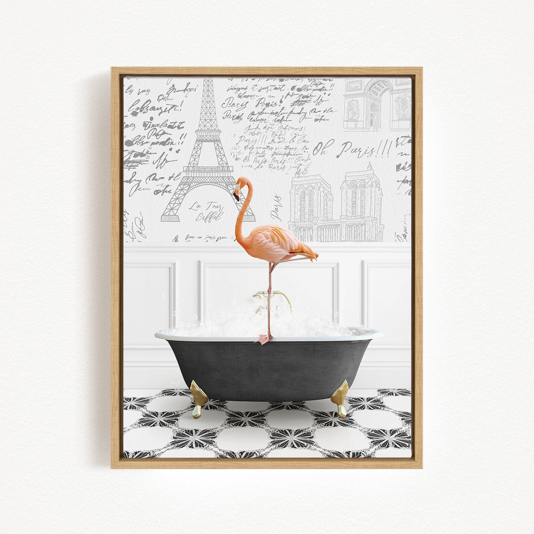 A flamingo standing on the edge of a bathtub filled with water, with the Eiffel Tower and other Parisian architecture visible in the background.