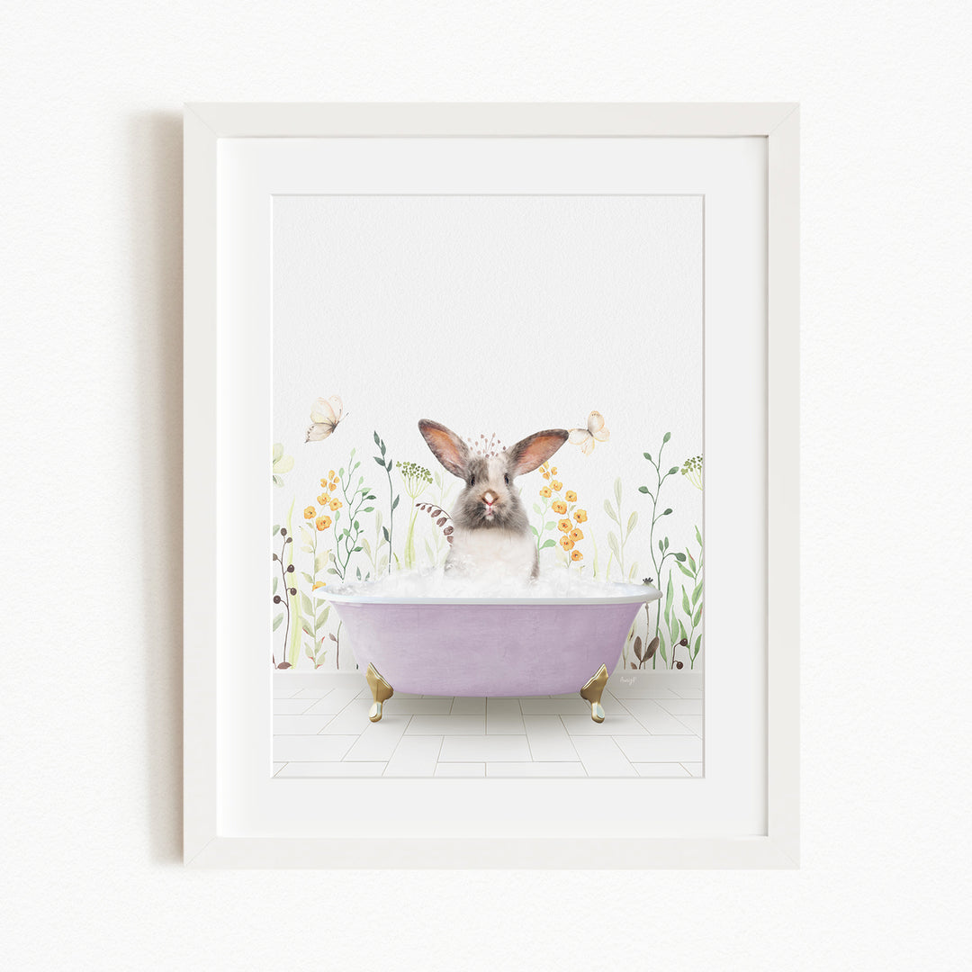 A white rabbit sitting in a purple bathtub filled with bubbles, surrounded by flowers and butterflies.