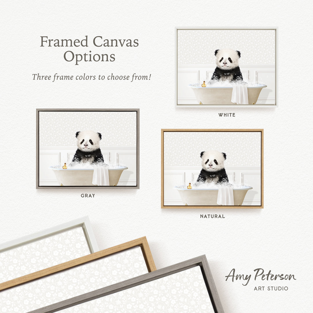 The image is a framed canvas with three different colored frames, each containing a panda bear sitting in a bathtub. The panda bear is depicted in various colors, including white, gray, and natural. The text above the image provides options for frame colors, and the bottom right corner features the name of the artist, Amy Peterson, and the name of the art studio.